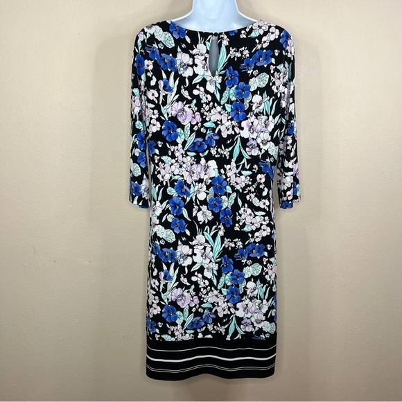 Medium Liz Claiborne Blue Floral Stretch Midi Lined Event Party Cocktail - Picture 6 of 11